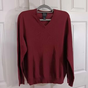 Jos A Bank 100% Merino Wool Men's L Sweater Burgundy V-Neck Sweater Pullover